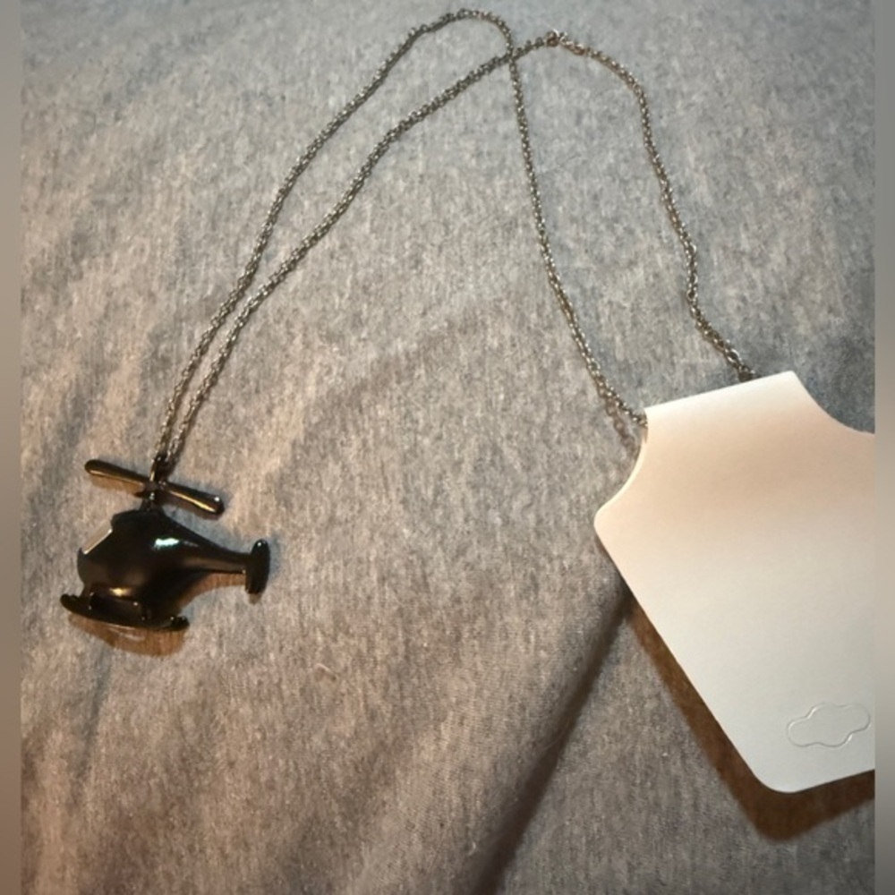 Black Helicopter Moveable Blade Pendant Necklace NWT